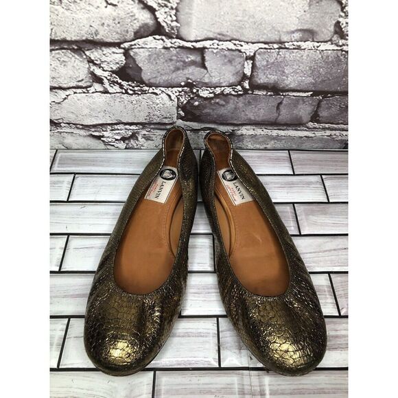 Lanvin Paris Gold Metallic Leather Snake Skin Print Ballet Flats Women Sz 39EU/8 - Picture 12 of 16